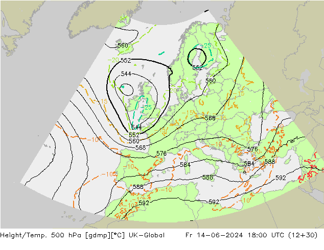 Height/Temp. 500 hPa UK-Global Fr 14.06.2024 18 UTC