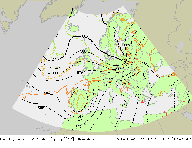 Height/Temp. 500 hPa UK-Global Th 20.06.2024 12 UTC