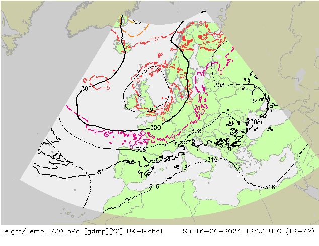 Height/Temp. 700 hPa UK-Global Su 16.06.2024 12 UTC