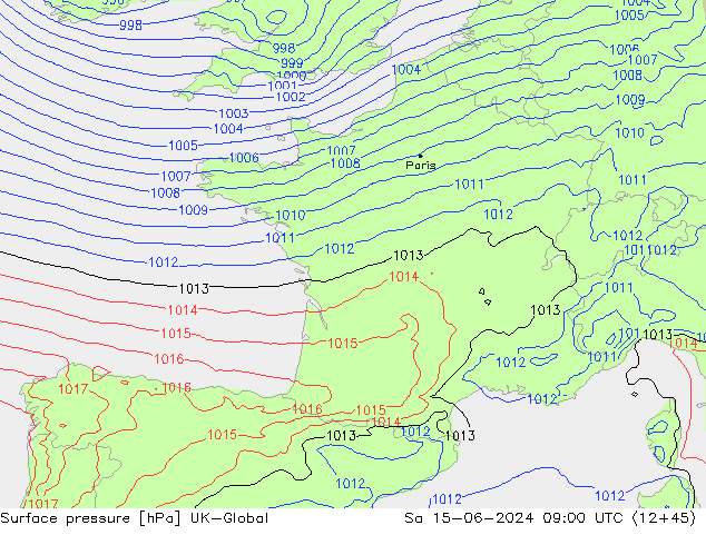 Atmosférický tlak UK-Global So 15.06.2024 09 UTC