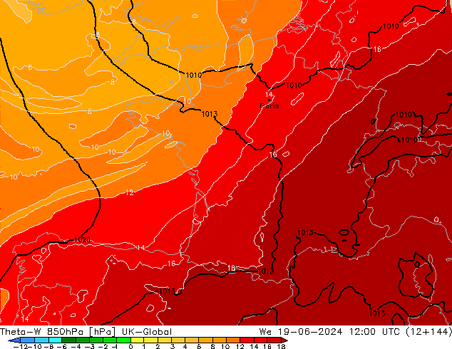 Theta-W 850hPa UK-Global We 19.06.2024 12 UTC