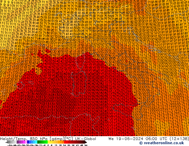 Height/Temp. 850 hPa UK-Global  19.06.2024 06 UTC