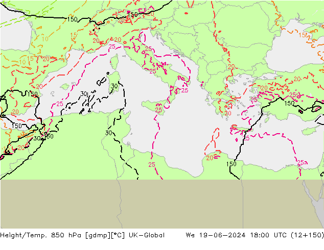 Height/Temp. 850 hPa UK-Global Mi 19.06.2024 18 UTC