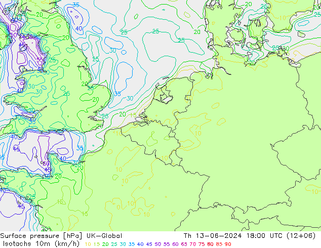 Isotaca (kph) UK-Global jue 13.06.2024 18 UTC