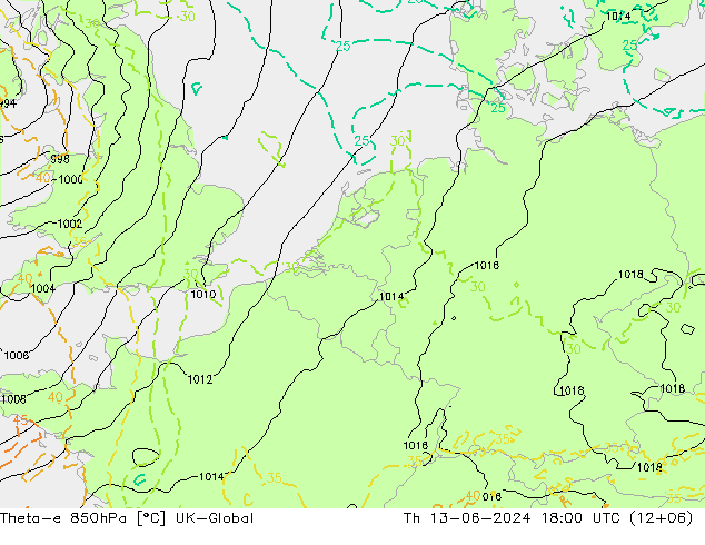 Theta-e 850hPa UK-Global Do 13.06.2024 18 UTC