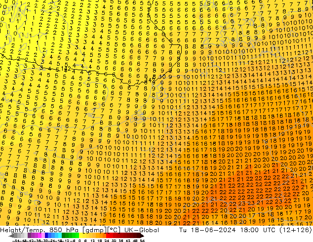 Geop./Temp. 850 hPa UK-Global mar 18.06.2024 18 UTC