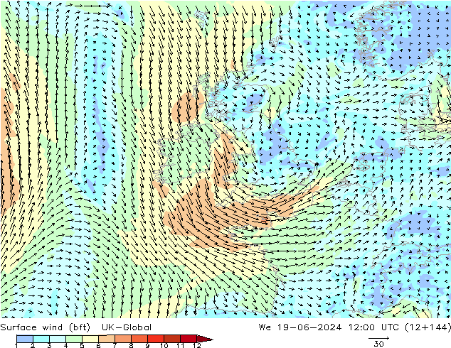 Surface wind (bft) UK-Global We 19.06.2024 12 UTC