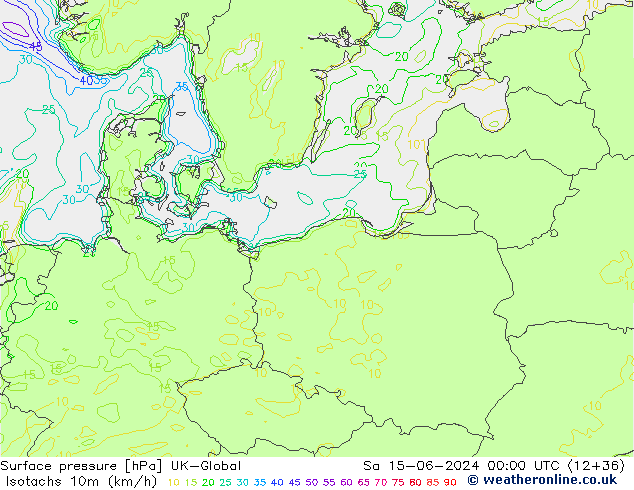 Izotacha (km/godz) UK-Global so. 15.06.2024 00 UTC