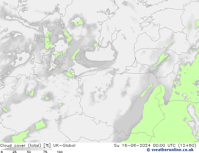 Cloud cover (total) UK-Global Su 16.06.2024 00 UTC