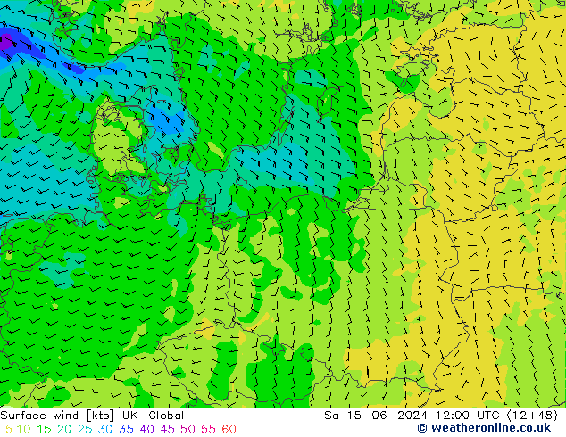 Vent 10 m UK-Global sam 15.06.2024 12 UTC