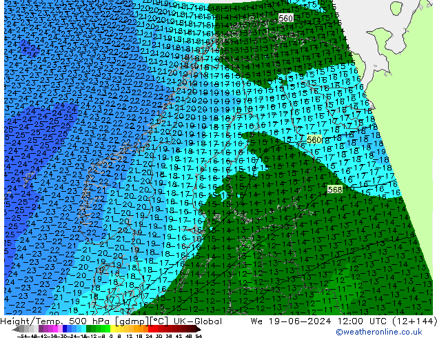 Height/Temp. 500 hPa UK-Global śro. 19.06.2024 12 UTC