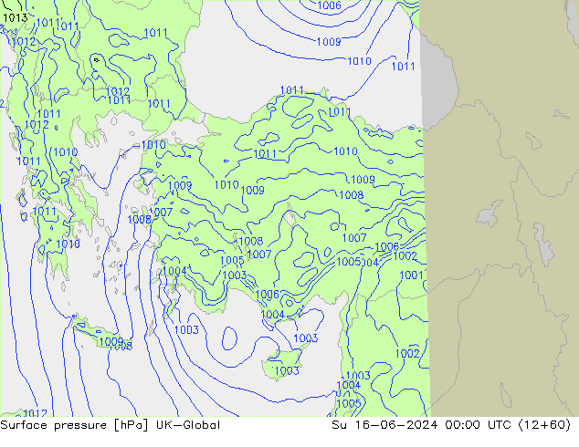 Pressione al suolo UK-Global dom 16.06.2024 00 UTC