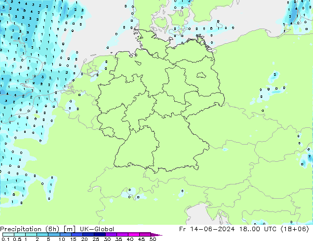 Precipitation (6h) UK-Global Fr 14.06.2024 00 UTC