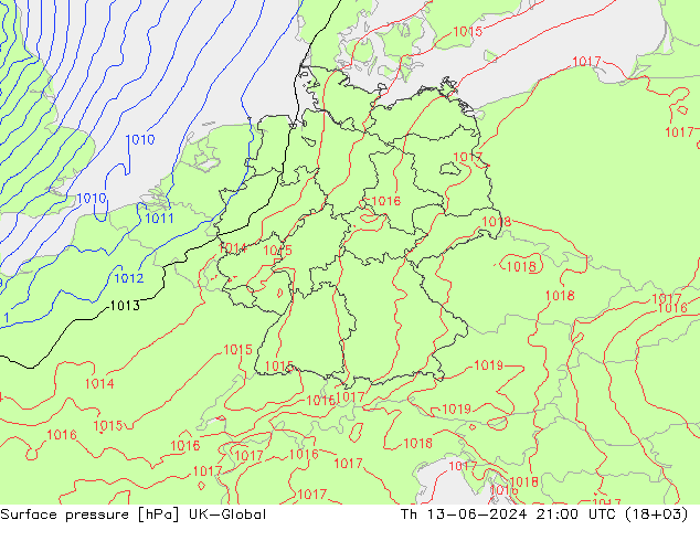 Atmosférický tlak UK-Global Čt 13.06.2024 21 UTC