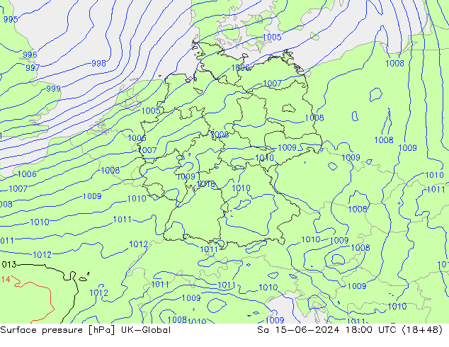 Pressione al suolo UK-Global sab 15.06.2024 18 UTC