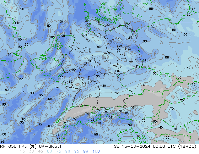 RH 850 hPa UK-Global Sa 15.06.2024 00 UTC