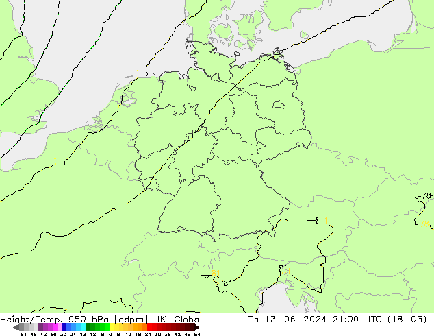 Geop./Temp. 950 hPa UK-Global jue 13.06.2024 21 UTC