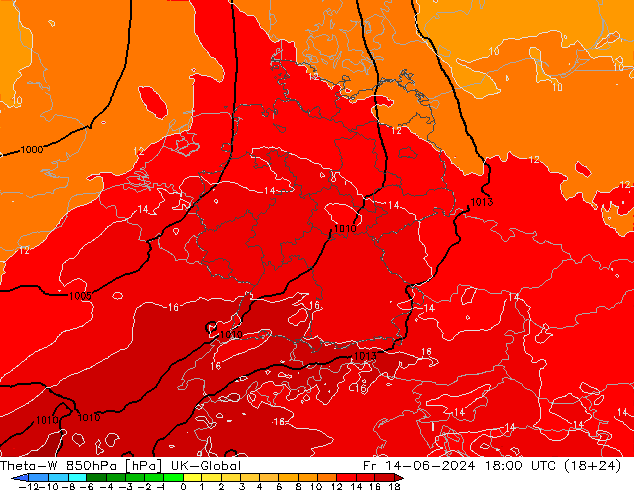 Theta-W 850hPa UK-Global Fr 14.06.2024 18 UTC