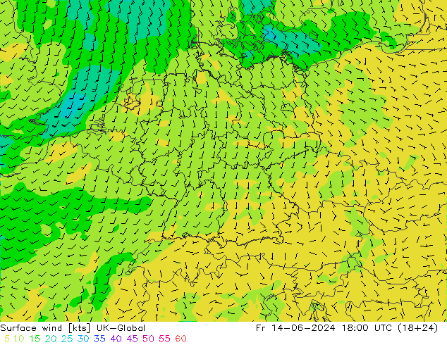 Vento 10 m UK-Global ven 14.06.2024 18 UTC