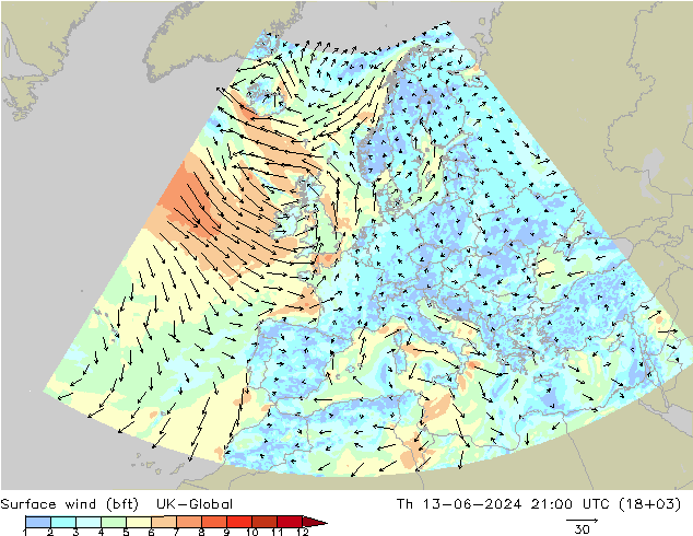 Surface wind (bft) UK-Global Čt 13.06.2024 21 UTC
