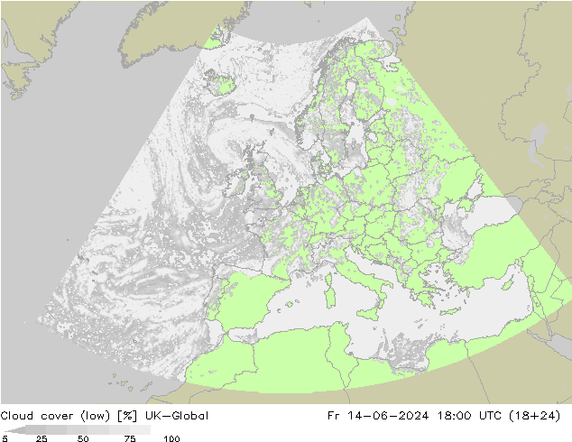 Bewolking (Laag) UK-Global vr 14.06.2024 18 UTC