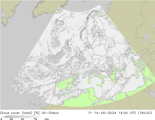Cloud cover (total) UK-Global Fr 14.06.2024 14 UTC