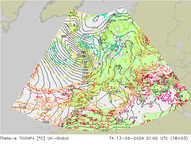 Theta-e 700hPa UK-Global Do 13.06.2024 21 UTC