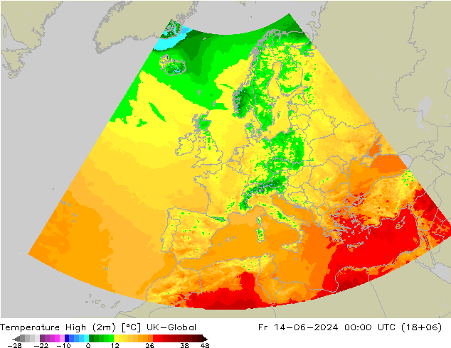 Max.temperatuur (2m) UK-Global vr 14.06.2024 00 UTC