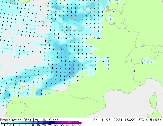 Precipitation (6h) UK-Global Fr 14.06.2024 00 UTC