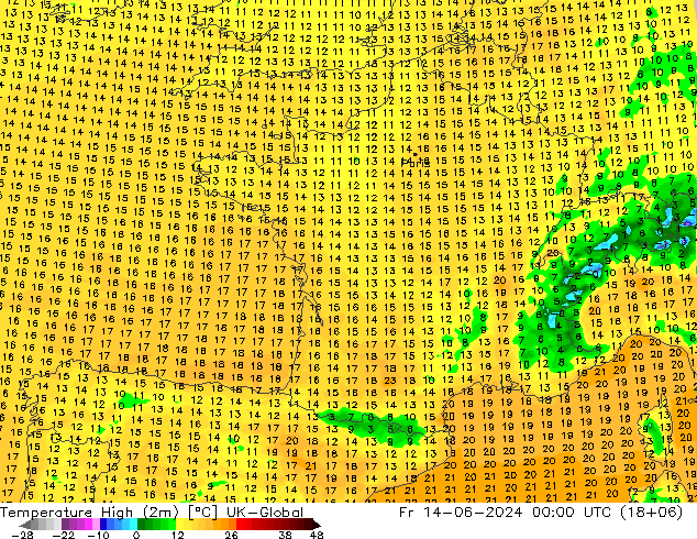 Temperature High (2m) UK-Global Fr 14.06.2024 00 UTC