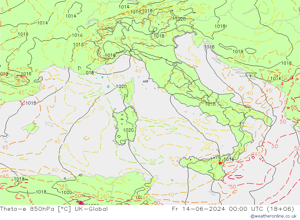 Theta-e 850hPa UK-Global Fr 14.06.2024 00 UTC