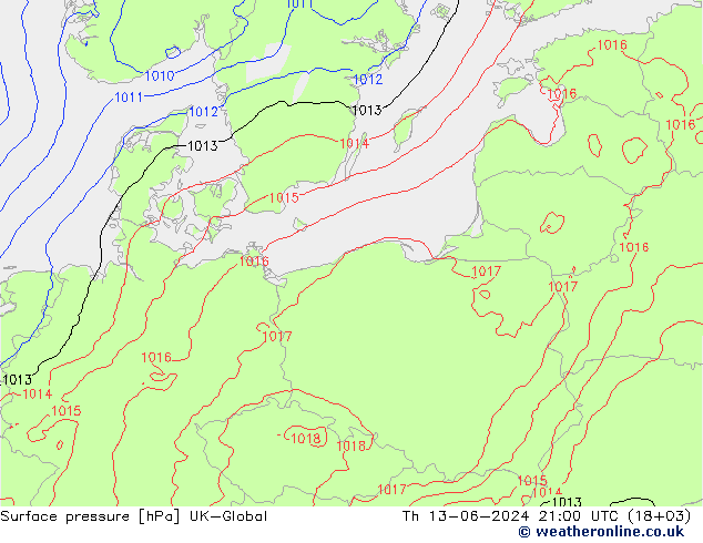 Surface pressure UK-Global Th 13.06.2024 21 UTC