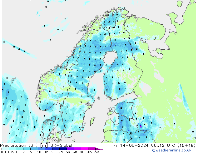 Totale neerslag (6h) UK-Global vr 14.06.2024 12 UTC
