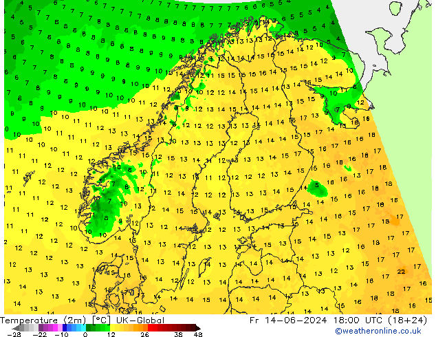 Temperaturkarte (2m) UK-Global Fr 14.06.2024 18 UTC