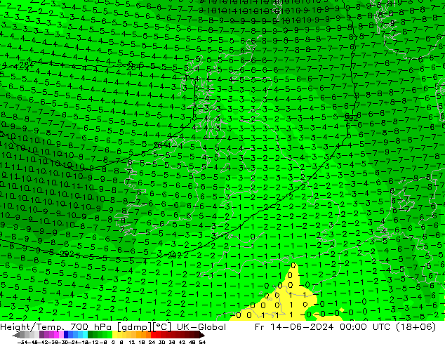 Height/Temp. 700 hPa UK-Global ven 14.06.2024 00 UTC