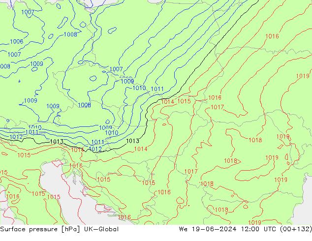 Pressione al suolo UK-Global mer 19.06.2024 12 UTC