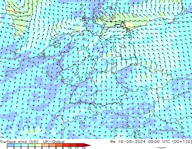 Surface wind (bft) UK-Global St 19.06.2024 00 UTC