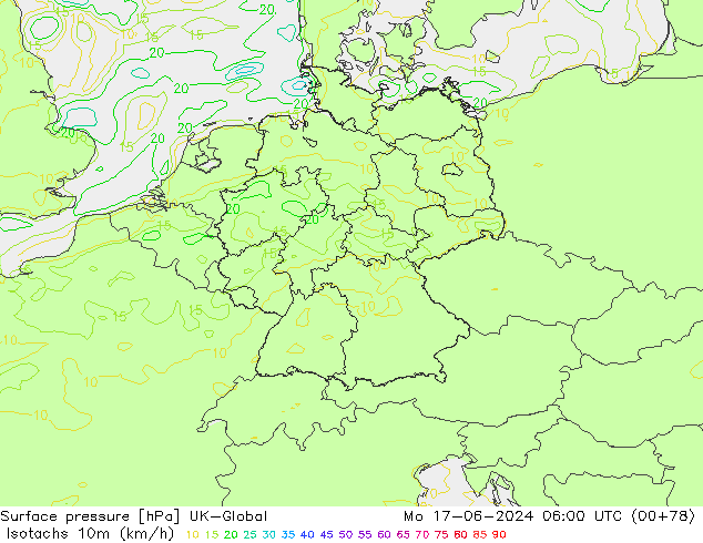 Izotacha (km/godz) UK-Global pon. 17.06.2024 06 UTC