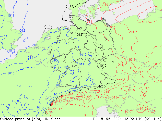 Surface pressure UK-Global Tu 18.06.2024 18 UTC