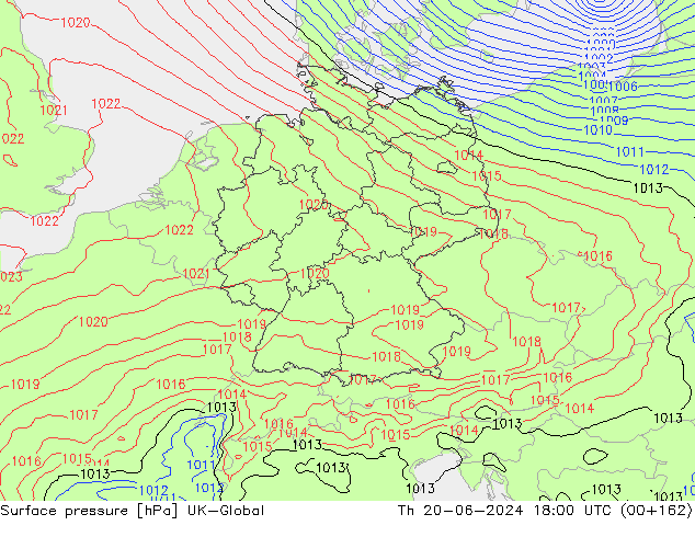 Pressione al suolo UK-Global gio 20.06.2024 18 UTC