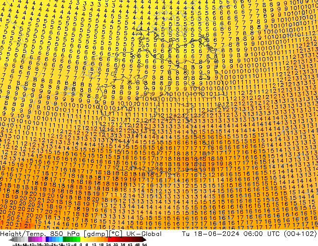 Height/Temp. 850 hPa UK-Global Tu 18.06.2024 06 UTC