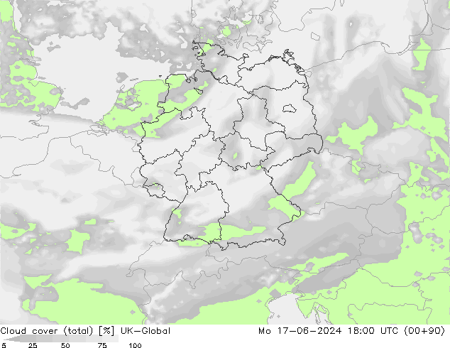 Cloud cover (total) UK-Global Po 17.06.2024 18 UTC