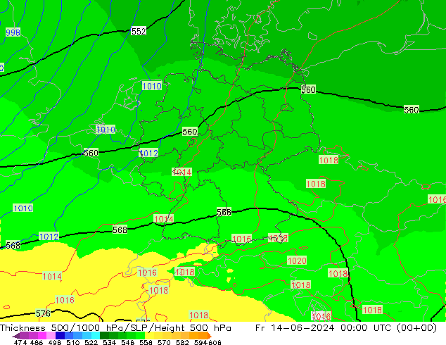 Dikte 500-1000hPa UK-Global vr 14.06.2024 00 UTC