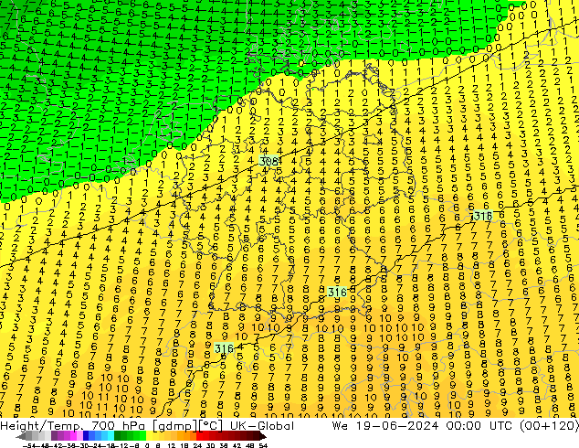 Hoogte/Temp. 700 hPa UK-Global wo 19.06.2024 00 UTC