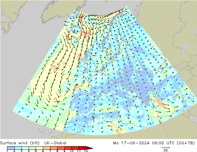Surface wind (bft) UK-Global Po 17.06.2024 06 UTC