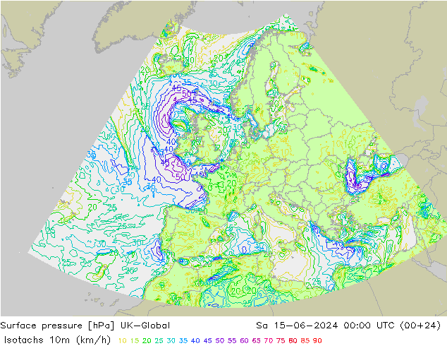 Isotachen (km/h) UK-Global za 15.06.2024 00 UTC