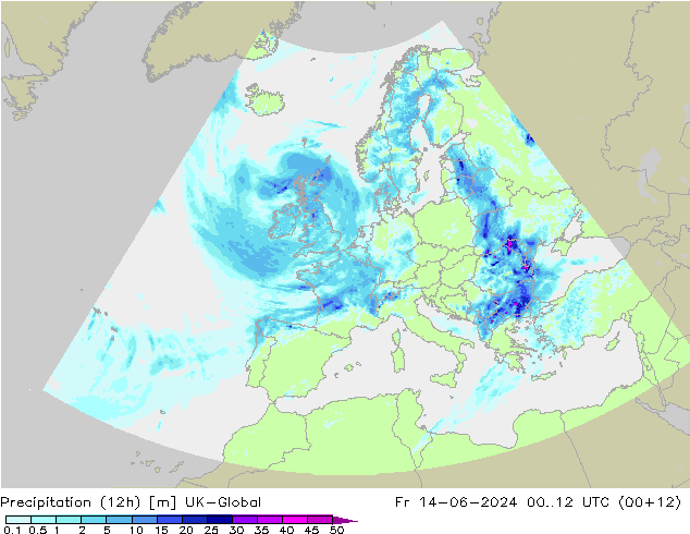 Precipitation (12h) UK-Global Fr 14.06.2024 12 UTC
