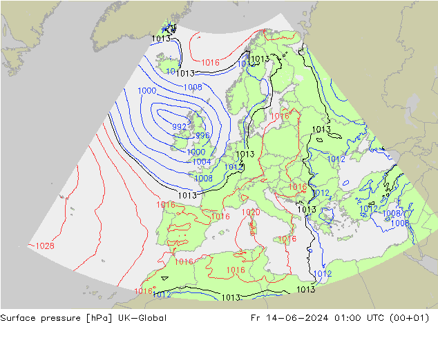 Pressione al suolo UK-Global ven 14.06.2024 01 UTC