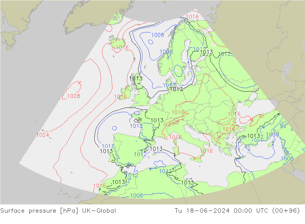 Surface pressure UK-Global Tu 18.06.2024 00 UTC