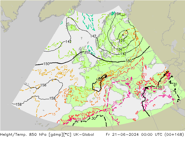 Height/Temp. 850 hPa UK-Global Fr 21.06.2024 00 UTC